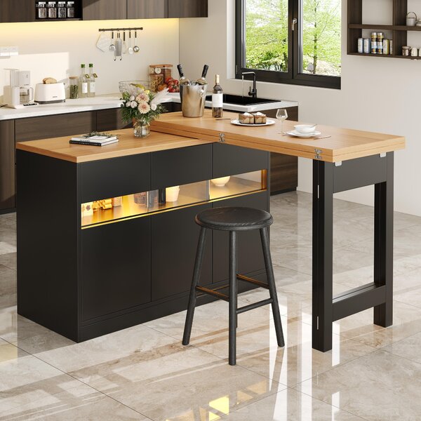 Extendable Bar Table with App-Controlled LED Lighting, Modern Kitchen Island with 360° Swivel Function, 120-180L x 40W x 71.5H cm, Black Aosom UK