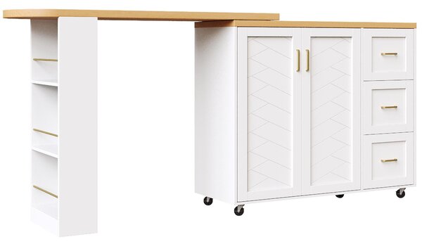 Multifunctional Kitchen Island for Dining & Living Areas, Extendable Bar Cart with 2 Doors & 3 Drawers, 135-228L x 39W x 104H cm, White Aosom UK