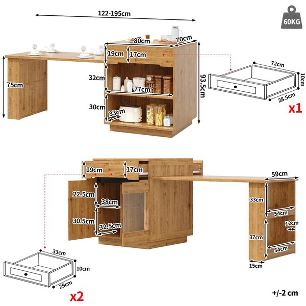 Versatile Kitchen Island with Extendable Table and 2 Drawers, Stylish Storage Cabinet for Dining Areas, 122-195L x 70W x 93.5H cm, Wood Aosom UK