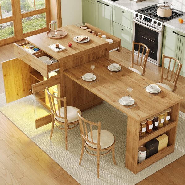 Versatile Kitchen Island with Extendable Table and 2 Drawers, Stylish Storage Cabinet for Dining Areas, 122-195L x 70W x 93.5H cm, Wood Aosom UK