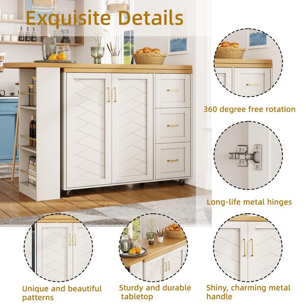 Multifunctional Kitchen Island for Dining & Living Areas, Extendable Bar Cart with 2 Doors & 3 Drawers, 135-228L x 39W x 104H cm, White Aosom UK