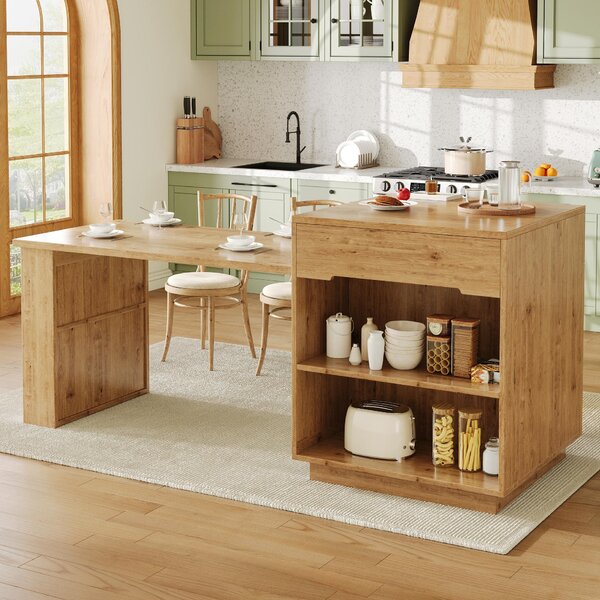 Versatile Kitchen Island with Extendable Table and 2 Drawers, Stylish Storage Cabinet for Dining Areas, 122-195L x 70W x 93.5H cm, Wood Aosom UK