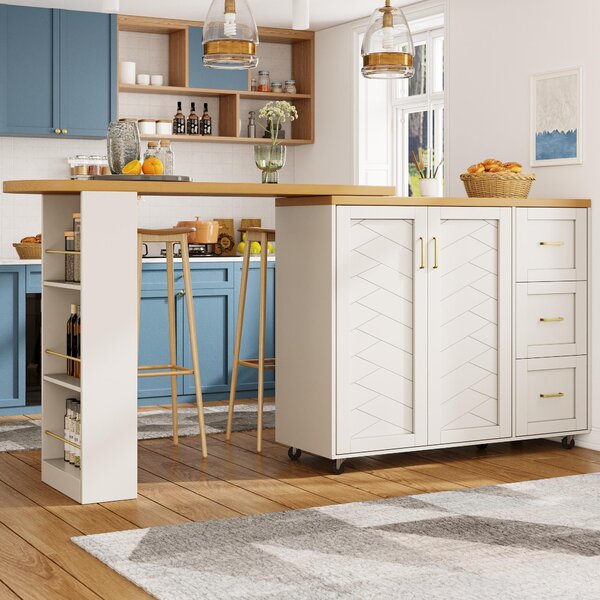 Multifunctional Kitchen Island for Dining & Living Areas, Extendable Bar Cart with 2 Doors & 3 Drawers, 135-228L x 39W x 104H cm, White Aosom UK