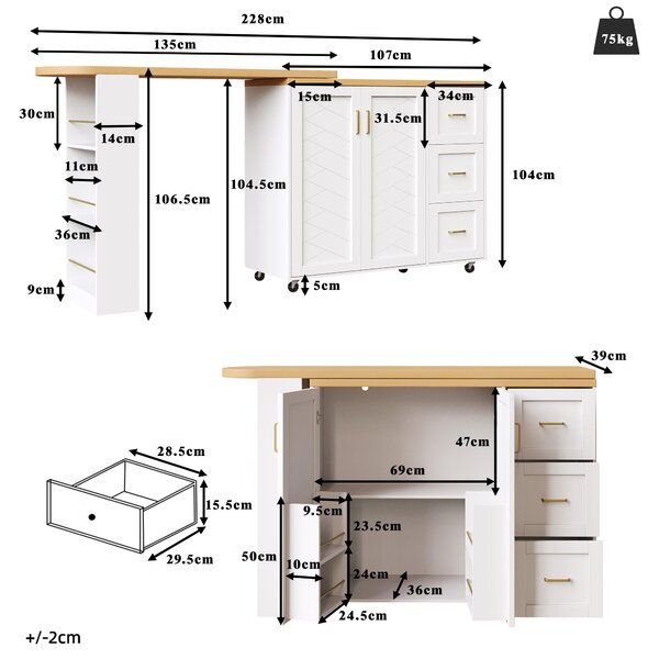 Multifunctional Kitchen Island for Dining & Living Areas, Extendable Bar Cart with 2 Doors & 3 Drawers, 135-228L x 39W x 104H cm, White Aosom UK