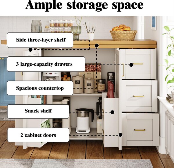 Multifunctional Kitchen Island for Dining & Living Areas, Extendable Bar Cart with 2 Doors & 3 Drawers, 135-228L x 39W x 104H cm, White Aosom UK