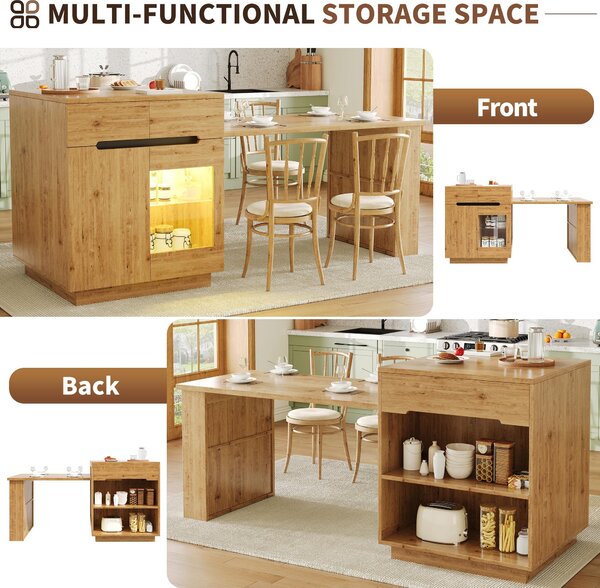 Versatile Kitchen Island with Extendable Table and 2 Drawers, Stylish Storage Cabinet for Dining Areas, 122-195L x 70W x 93.5H cm, Wood Aosom UK