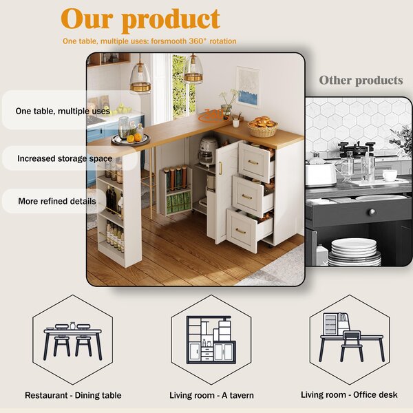 Multifunctional Kitchen Island for Dining & Living Areas, Extendable Bar Cart with 2 Doors & 3 Drawers, 135-228L x 39W x 104H cm, White Aosom UK