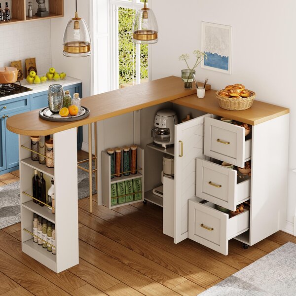 Multifunctional Kitchen Island for Dining & Living Areas, Extendable Bar Cart with 2 Doors & 3 Drawers, 135-228L x 39W x 104H cm, White Aosom UK