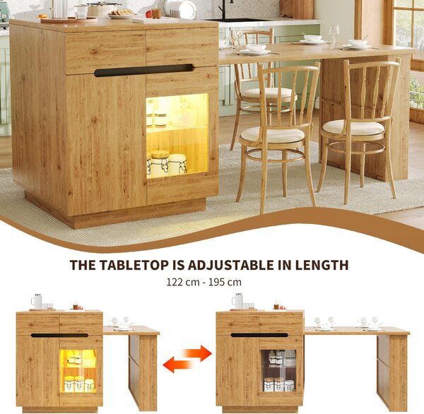 Versatile Kitchen Island with Extendable Table and 2 Drawers, Stylish Storage Cabinet for Dining Areas, 122-195L x 70W x 93.5H cm, Wood Aosom UK