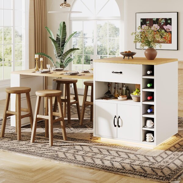 Extendable Kitchen Island with Built-In Wine Rack, Multifunctional Storage Cabinet with Dining Table, 141-193.5L x 70W x 101.5H cm, White Aosom UK