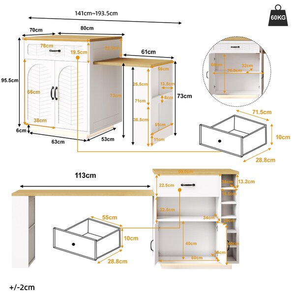 Extendable Kitchen Island with Built-In Wine Rack, Multifunctional Storage Cabinet with Dining Table, 141-193.5L x 70W x 101.5H cm, White Aosom UK