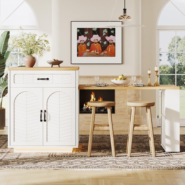 Extendable Kitchen Island with Built-In Wine Rack, Multifunctional Storage Cabinet with Dining Table, 141-193.5L x 70W x 101.5H cm, White Aosom UK