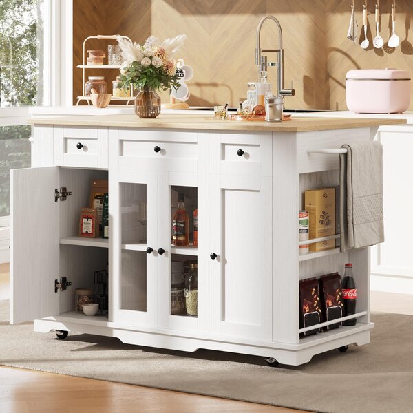 Modern Kitchen Island and Serving Trolley with MDF Worktop, Extendable Fold‑out Dining Table with Drawer, 151.5L x 60W x 91.5H cm, White Aosom UK