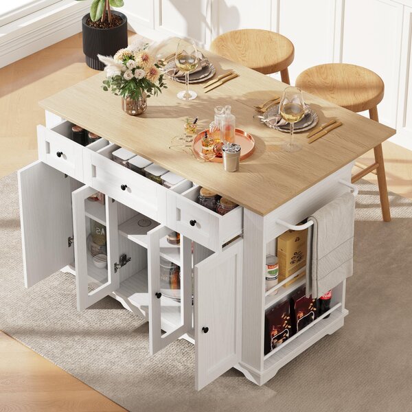 Modern Kitchen Island and Serving Trolley with MDF Worktop, Extendable Fold‑out Dining Table with Drawer, 151.5L x 60W x 91.5H cm, White Aosom UK