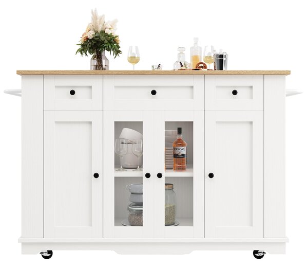 Modern Kitchen Island and Serving Trolley with MDF Worktop, Extendable Fold‑out Dining Table with Drawer, 151.5L x 60W x 91.5H cm, White Aosom UK