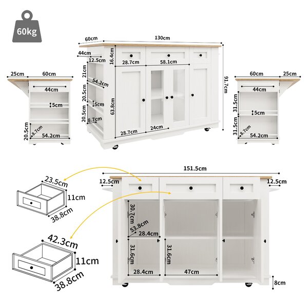 Modern Kitchen Island and Serving Trolley with MDF Worktop, Extendable Fold‑out Dining Table with Drawer, 151.5L x 60W x 91.5H cm, White Aosom UK
