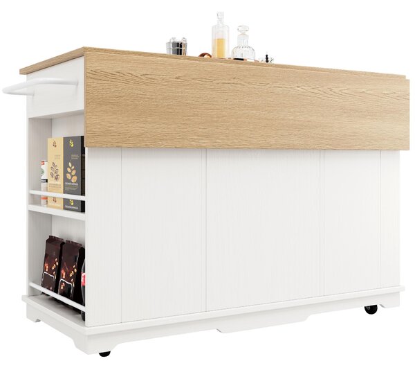 Modern Kitchen Island and Serving Trolley with MDF Worktop, Extendable Fold‑out Dining Table with Drawer, 151.5L x 60W x 91.5H cm, White Aosom UK