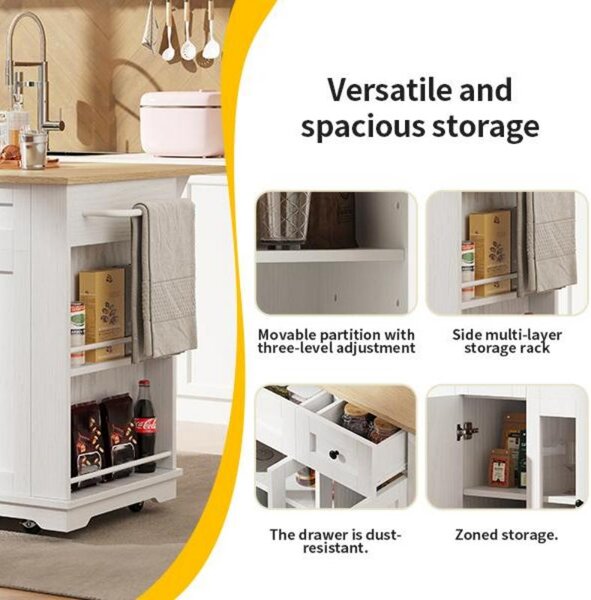 Modern Kitchen Island and Serving Trolley with MDF Worktop, Extendable Fold‑out Dining Table with Drawer, 151.5L x 60W x 91.5H cm, White Aosom UK