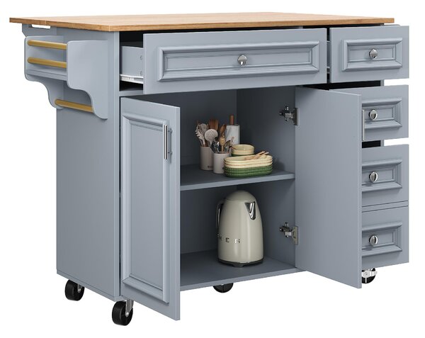 Multifunctional Kitchen Island with 3 Adjustable Shelves, Space-Saving Serving Trolley for Kitchen Use, 110L x 45-75W x 92H cm, Blue Aosom UK