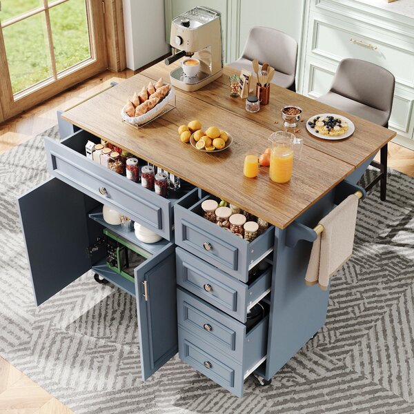 Multifunctional Kitchen Island with 3 Adjustable Shelves, Space-Saving Serving Trolley for Kitchen Use, 110L x 45-75W x 92H cm, Blue Aosom UK