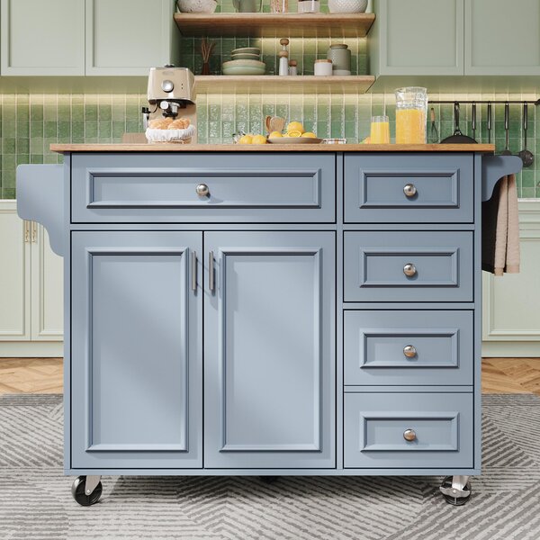 Multifunctional Kitchen Island with 3 Adjustable Shelves, Space-Saving Serving Trolley for Kitchen Use, 110L x 45-75W x 92H cm, Blue Aosom UK