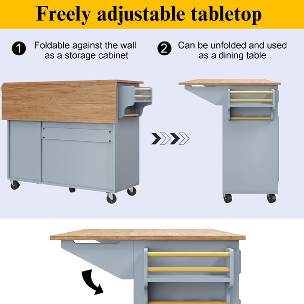 Multifunctional Kitchen Island with 3 Adjustable Shelves, Space-Saving Serving Trolley for Kitchen Use, 110L x 45-75W x 92H cm, Blue Aosom UK