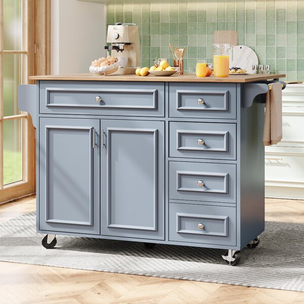 Multifunctional Kitchen Island with 3 Adjustable Shelves, Space-Saving Serving Trolley for Kitchen Use, 110L x 45-75W x 92H cm, Blue Aosom UK