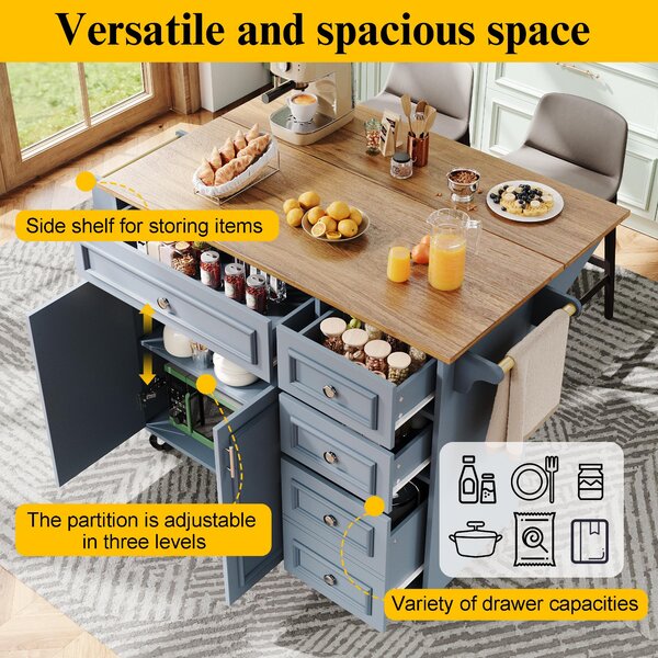 Multifunctional Kitchen Island with 3 Adjustable Shelves, Space-Saving Serving Trolley for Kitchen Use, 110L x 45-75W x 92H cm, Blue Aosom UK