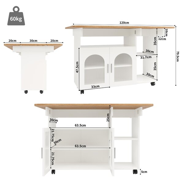 Mobile Kitchen Island with Fold-Down Dining Extensions, Versatile Serving Trolley with Open Shelves, 120L x 30-70W x 79.5H cm, White Aosom UK