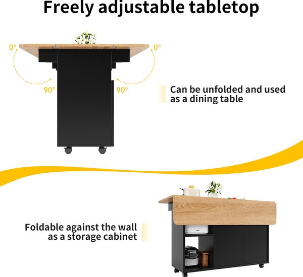 Mobile Kitchen Island with Folding Dining Tops and Storage, Multifunctional Dining Trolley for Modern Home, 120L x 30-70W x 79.5H cm, Black Aosom UK