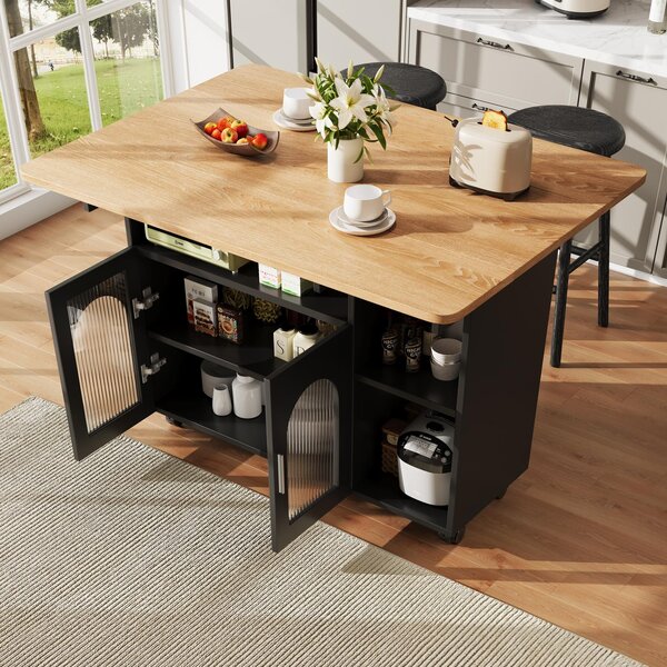 Mobile Kitchen Island with Folding Dining Tops and Storage, Multifunctional Dining Trolley for Modern Home, 120L x 30-70W x 79.5H cm, Black Aosom UK
