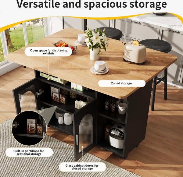 Mobile Kitchen Island with Folding Dining Tops and Storage, Multifunctional Dining Trolley for Modern Home, 120L x 30-70W x 79.5H cm, Black Aosom UK