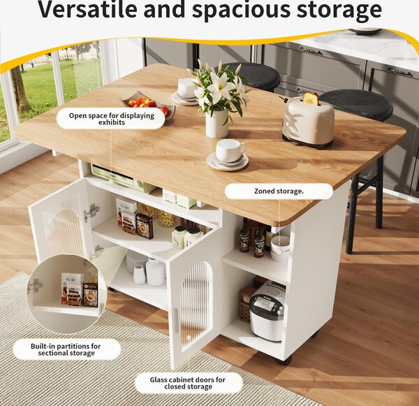 Mobile Kitchen Island with Fold-Down Dining Extensions, Versatile Serving Trolley with Open Shelves, 120L x 30-70W x 79.5H cm, White Aosom UK