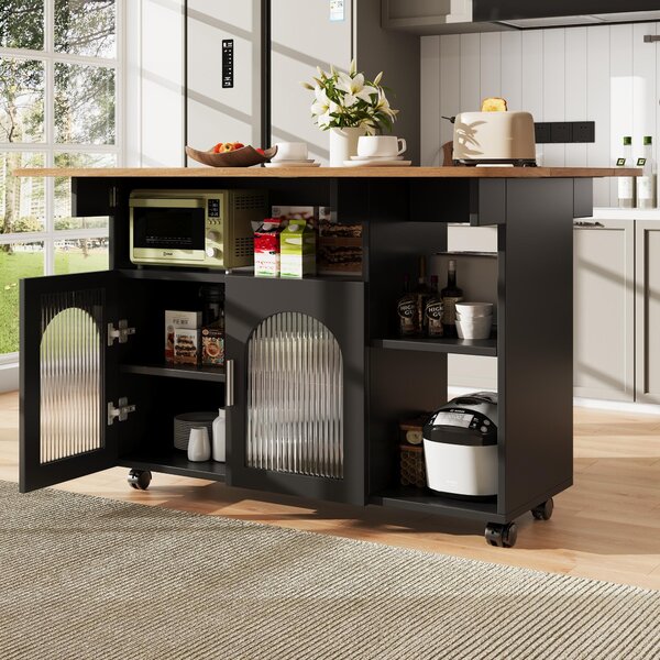 Mobile Kitchen Island with Folding Dining Tops and Storage, Multifunctional Dining Trolley for Modern Home, 120L x 30-70W x 79.5H cm, Black Aosom UK