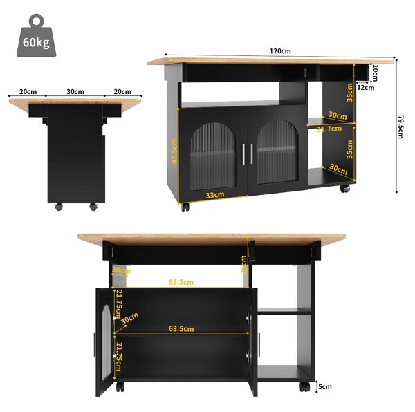 Mobile Kitchen Island with Folding Dining Tops and Storage, Multifunctional Dining Trolley for Modern Home, 120L x 30-70W x 79.5H cm, Black Aosom UK