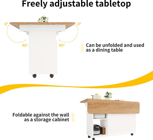 Mobile Kitchen Island with Fold-Down Dining Extensions, Versatile Serving Trolley with Open Shelves, 120L x 30-70W x 79.5H cm, White Aosom UK