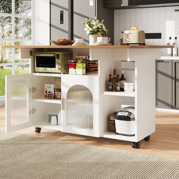 Mobile Kitchen Island with Fold-Down Dining Extensions, Versatile Serving Trolley with Open Shelves, 120L x 30-70W x 79.5H cm, White Aosom UK