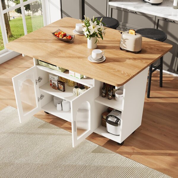 Mobile Kitchen Island with Fold-Down Dining Extensions, Versatile Serving Trolley with Open Shelves, 120L x 30-70W x 79.5H cm, White Aosom UK