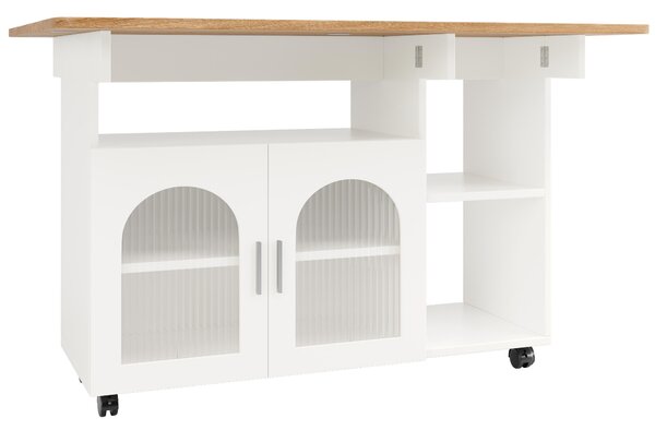Mobile Kitchen Island with Fold-Down Dining Extensions, Versatile Serving Trolley with Open Shelves, 120L x 30-70W x 79.5H cm, White Aosom UK