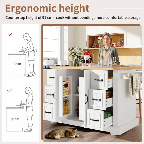 Mobile Kitchen Island with 2 Doors, 6 Drawers and Wood-Effect Worktop, Rolling Cart for Compact Dining Areas, 120L x 45W x 91H cm, White Aosom UK