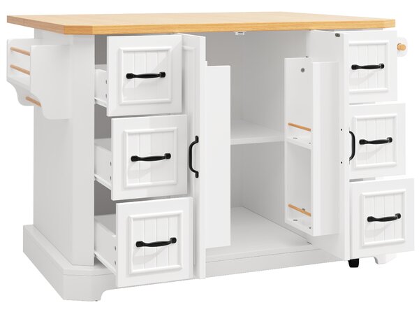 Mobile Kitchen Island with 2 Doors, 6 Drawers and Wood-Effect Worktop, Rolling Cart for Compact Dining Areas, 120L x 45W x 91H cm, White Aosom UK