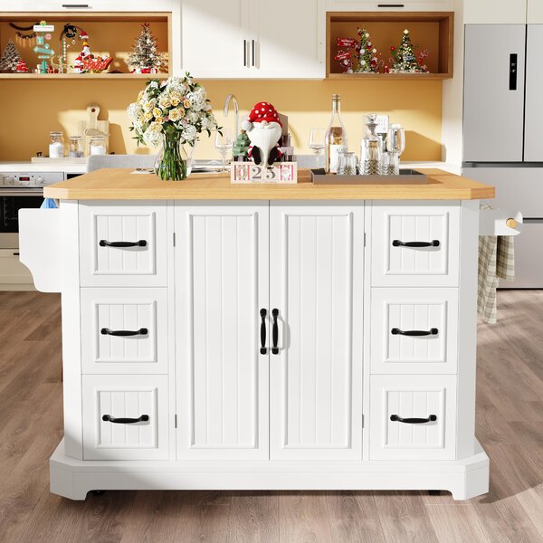 Mobile Kitchen Island with 2 Doors, 6 Drawers and Wood-Effect Worktop, Rolling Cart for Compact Dining Areas, 120L x 45W x 91H cm, White Aosom UK