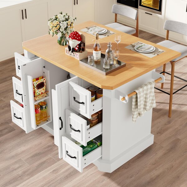 Mobile Kitchen Island with 2 Doors, 6 Drawers and Wood-Effect Worktop, Rolling Cart for Compact Dining Areas, 120L x 45W x 91H cm, White Aosom UK