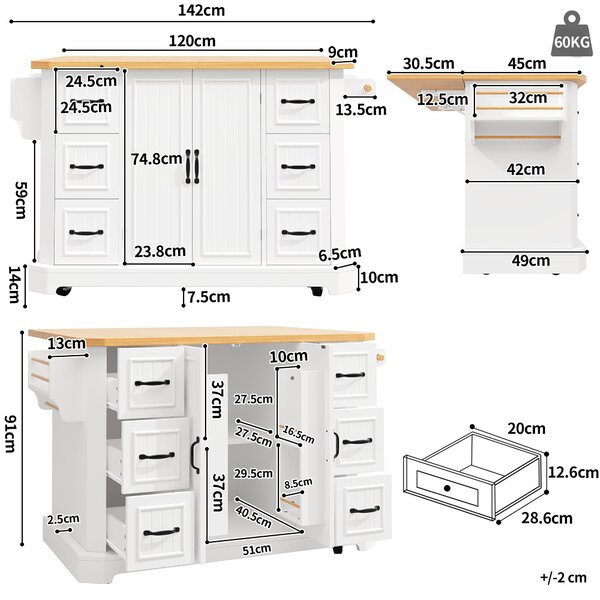 Mobile Kitchen Island with 2 Doors, 6 Drawers and Wood-Effect Worktop, Rolling Cart for Compact Dining Areas, 120L x 45W x 91H cm, White Aosom UK