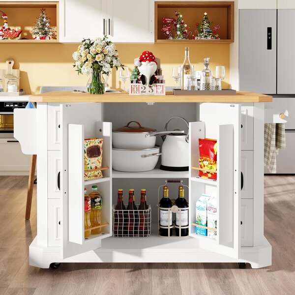 Mobile Kitchen Island with 2 Doors, 6 Drawers and Wood-Effect Worktop, Rolling Cart for Compact Dining Areas, 120L x 45W x 91H cm, White Aosom UK