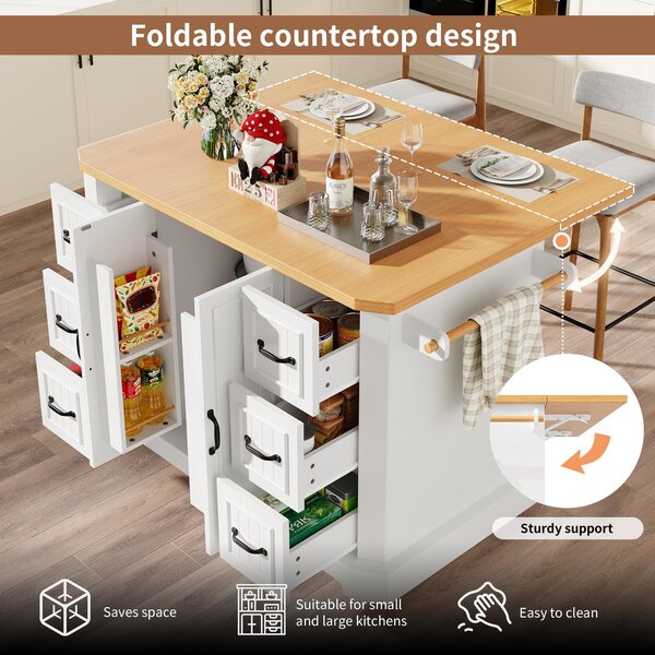 Mobile Kitchen Island with 2 Doors, 6 Drawers and Wood-Effect Worktop, Rolling Cart for Compact Dining Areas, 120L x 45W x 91H cm, White Aosom UK