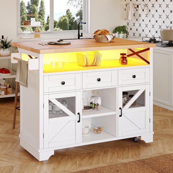 Multifunctional Kitchen Cart with 3 Drawers and 2 Glass-Front Doors, Mobile Kitchen Island with Drop-Leaf Table, 120L x 71W x 98H cm, White Aosom UK