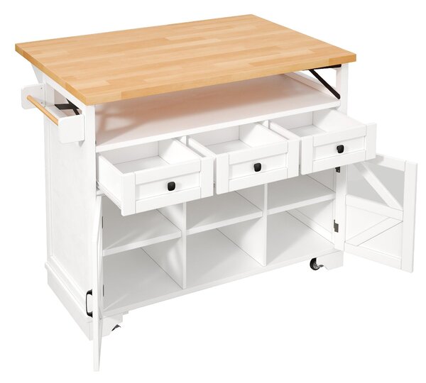 Multifunctional Kitchen Cart with 3 Drawers and 2 Glass-Front Doors, Mobile Kitchen Island with Drop-Leaf Table, 120L x 71W x 98H cm, White Aosom UK