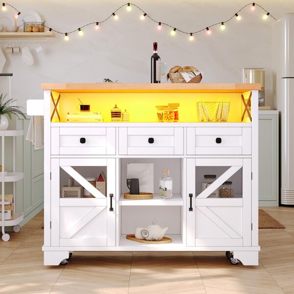 Multifunctional Kitchen Cart with 3 Drawers and 2 Glass-Front Doors, Mobile Kitchen Island with Drop-Leaf Table, 120L x 71W x 98H cm, White Aosom UK