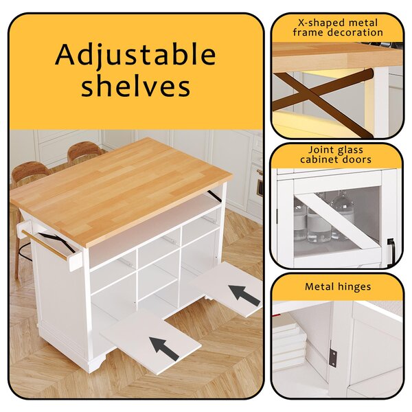 Multifunctional Kitchen Cart with 3 Drawers and 2 Glass-Front Doors, Mobile Kitchen Island with Drop-Leaf Table, 120L x 71W x 98H cm, White Aosom UK